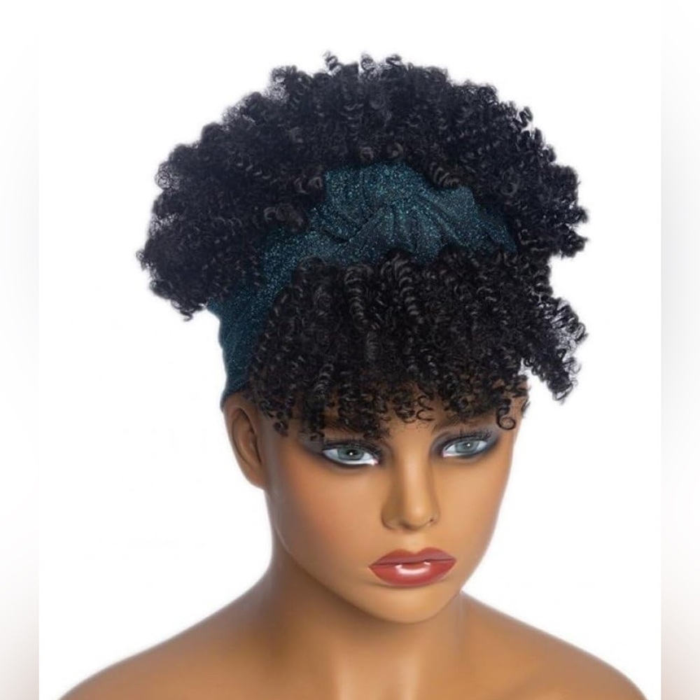 Elegant Black Curly Hairpiece with Blue Headband